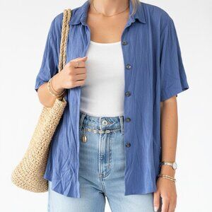Joanna Periwinkle Blue Crinkle Button Up Blouse Coastal Grandma Medium